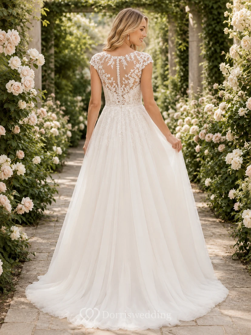 Brautkleid aus Tüll mit Gartenspitze, kurzen Ärmeln und A-Linien-Schnitt view 2