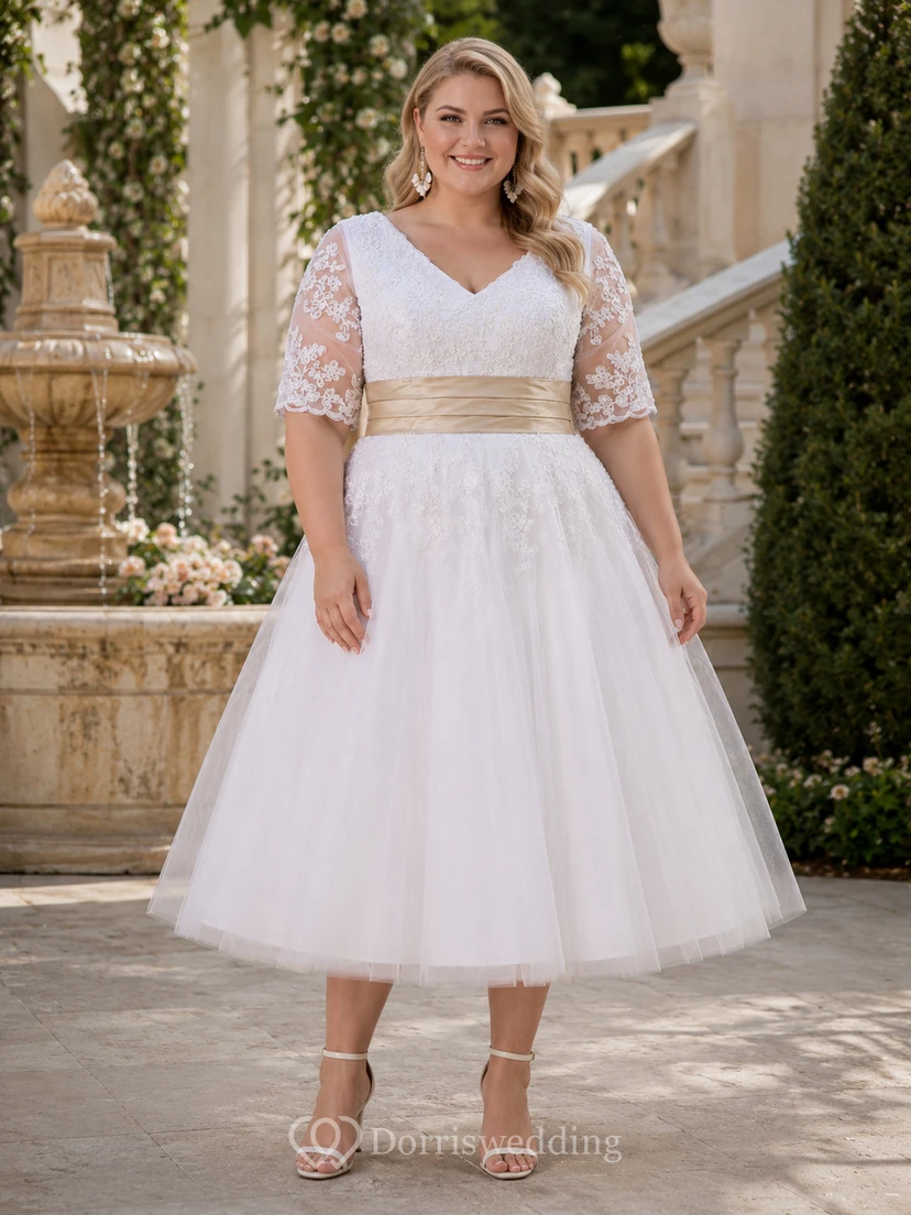 Robe mi-longue à manches courtes et col en V avec superposition de tulle view 4