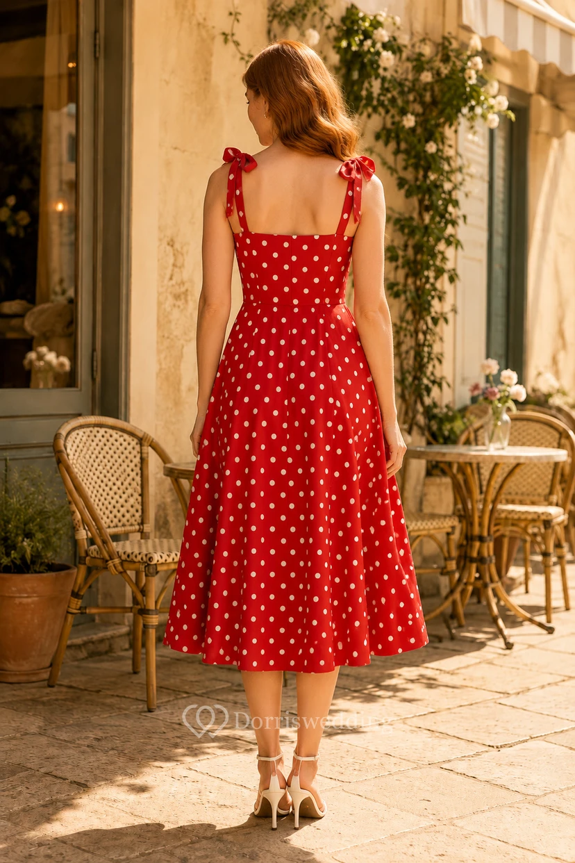 Vestido de invitada de boda rojo de gasa, corte A, escote corazón, sin mangas, detalle de lazo, largo hasta la rodilla view 2