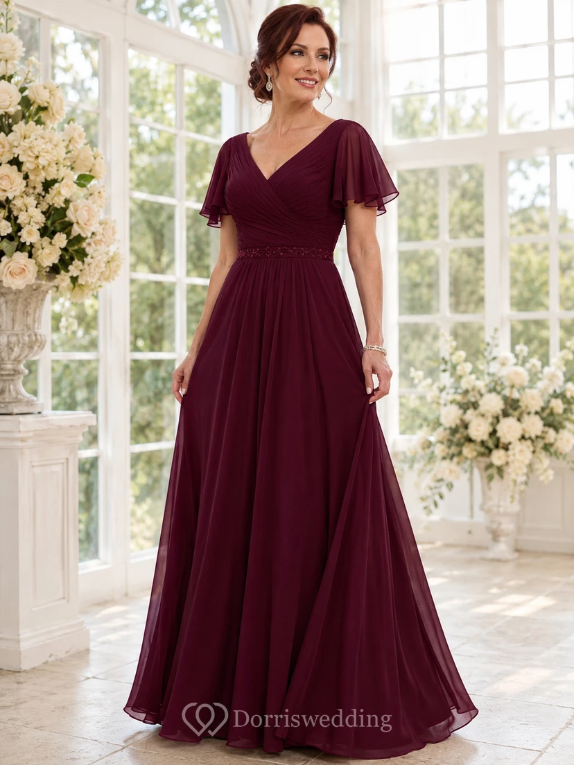 Burgundy V Neck Flutter Sleeve Ruched Chiffon A-Line Floor Mother Quinceanera Gown