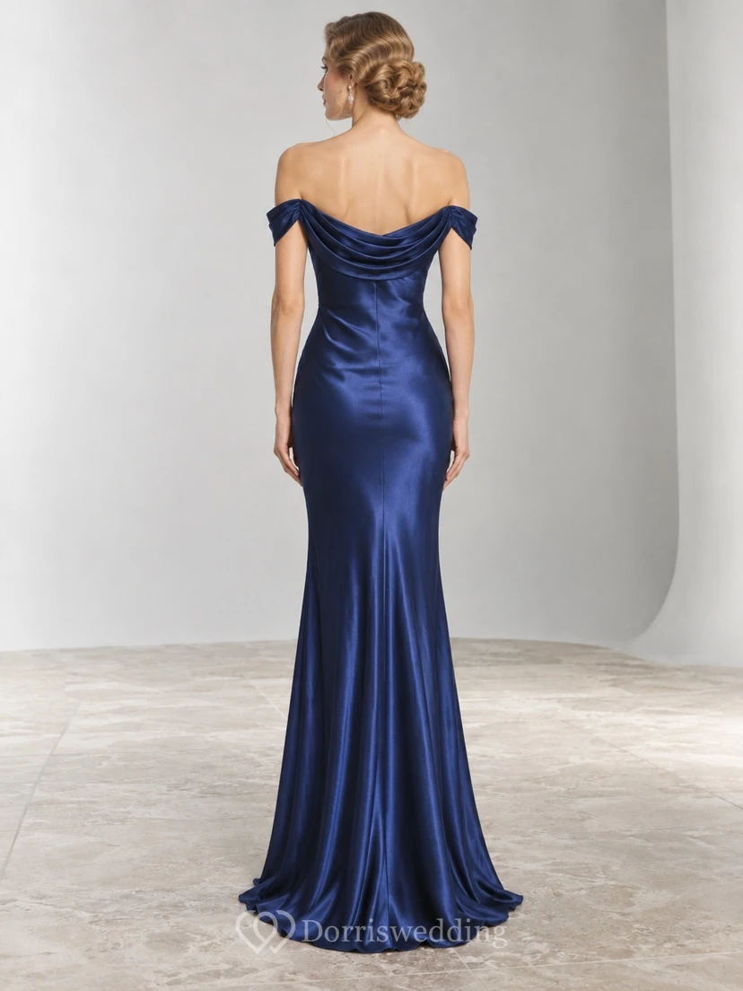 1930s Simple Royal Blue Off Shoulder Cowl Satin Evening Dress view 2