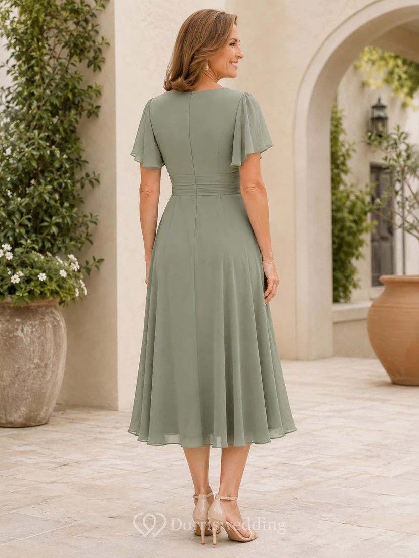 Elegantes, plissiertes Chiffonkleid mit V-Ausschnitt, flatternden Ärmeln und hellgrünem Hintergrund – perfekt für die Teemutter view 2