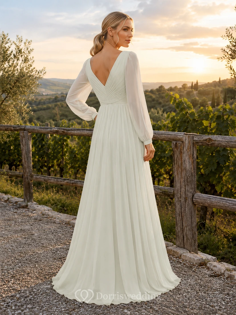 Modest V-Neck Long Sleeve Chiffon Vineyard Elopement Gown view 2