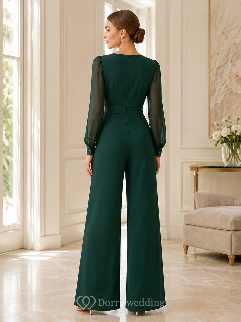 Dunkelgrüner Jumpsuit mit V-Ausschnitt, langen Illusionsärmeln und weitem Bein view 2