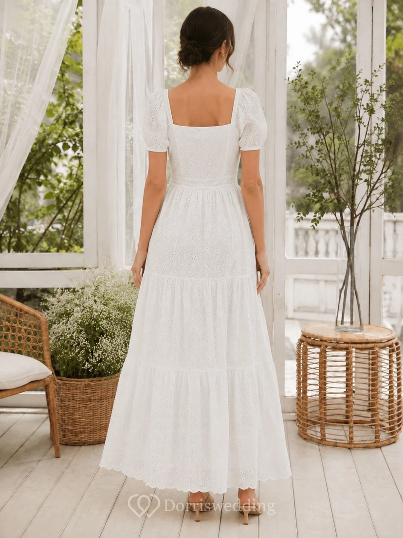 Simple White Square Neck Short Sleeve Chiffon A-Line Tiered Dress view 2