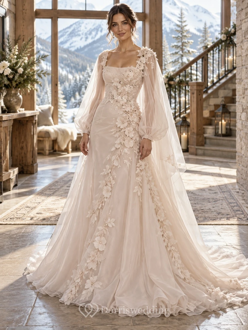 Vestido de novia de organza con capa y cuello cuadrado, manga larga y estampado floral rosa, estilo sirena.