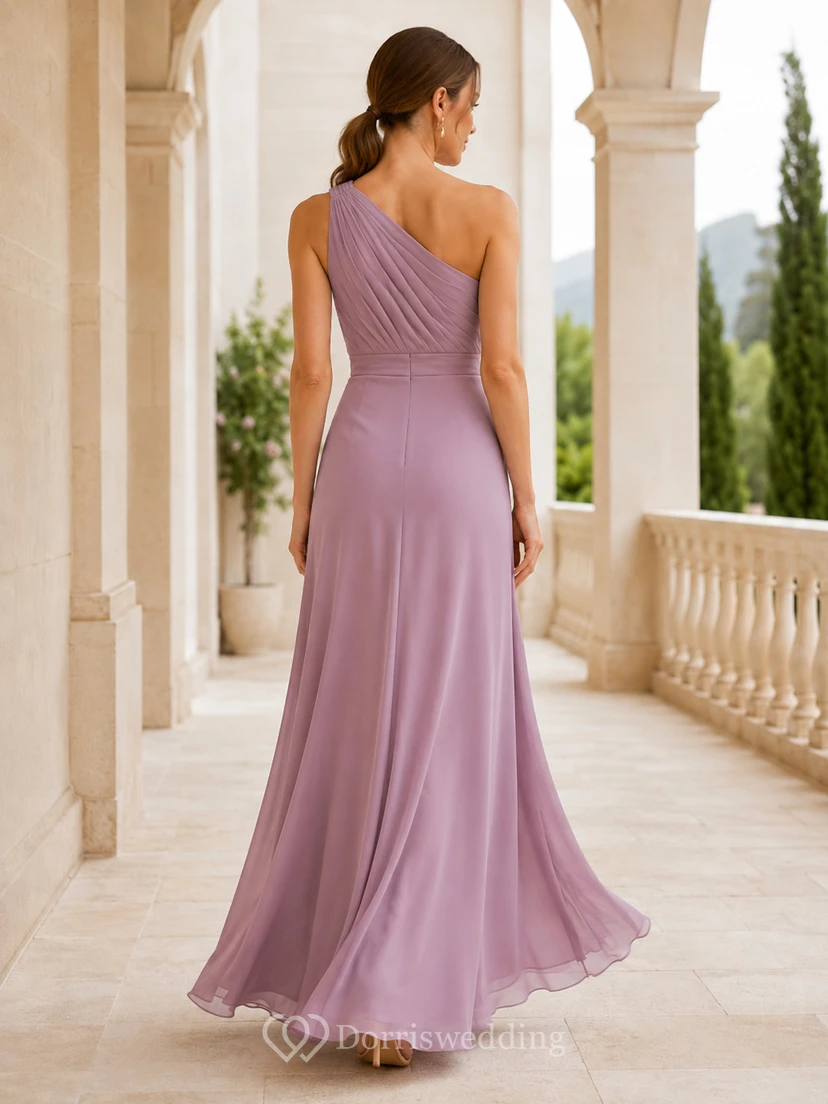 Mauve one shoulder ruched sheath floor length dress view 2