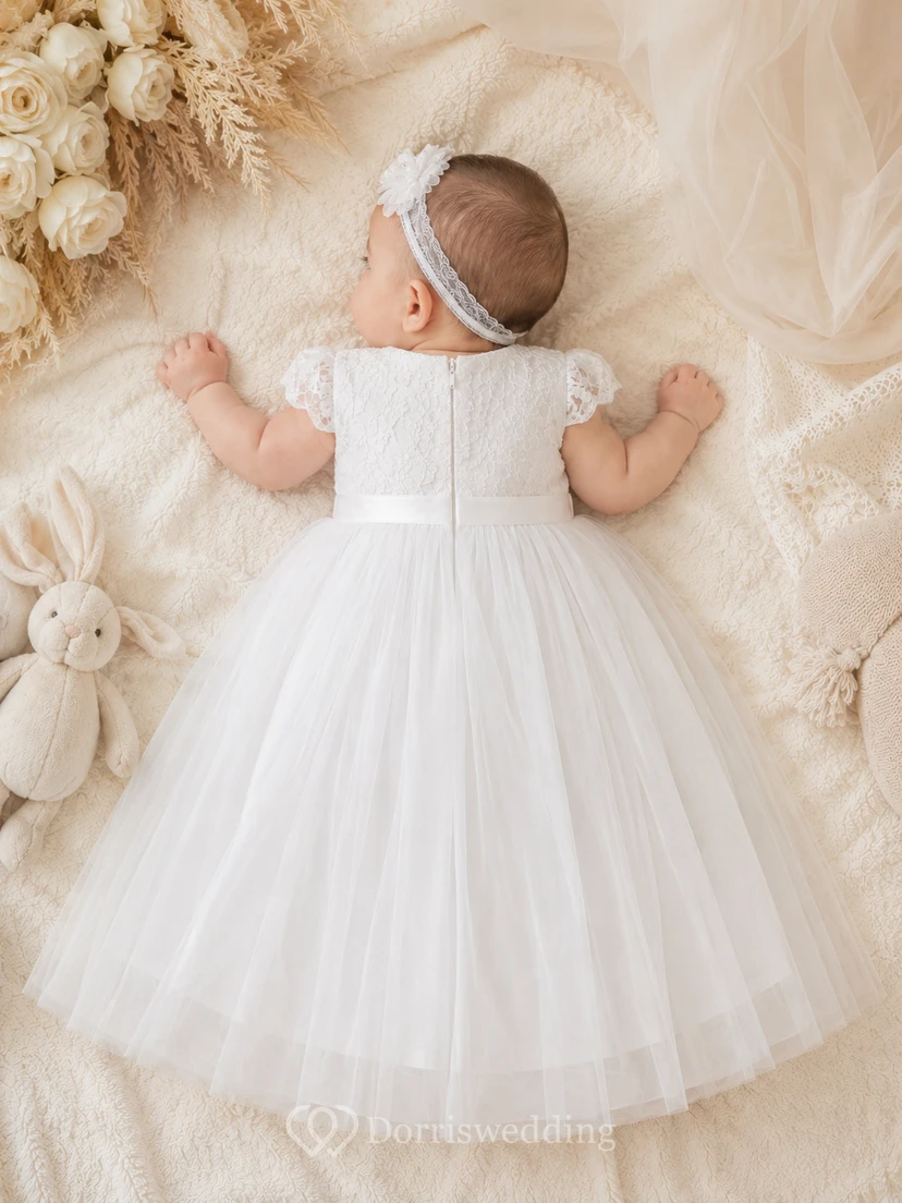 Cap Sleeve Baptism Dress A-Line Tulle Lace Jewel Neck Tea-Length Bow Back view 2