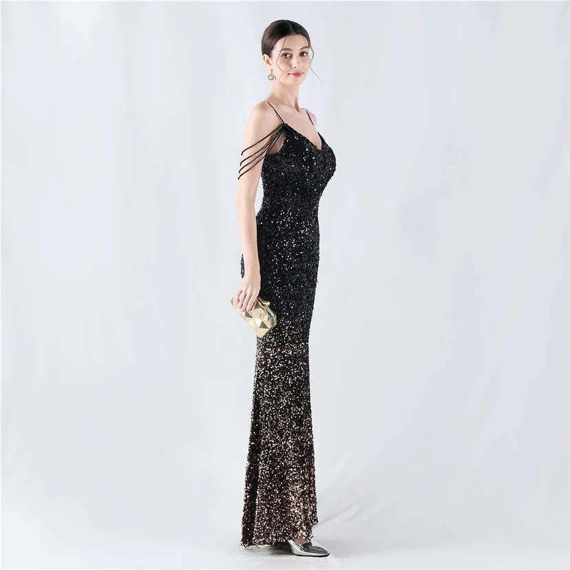 Velvet-Bottom Gradient Sequined Sexy Beaded Suspender Evening Dress view 53