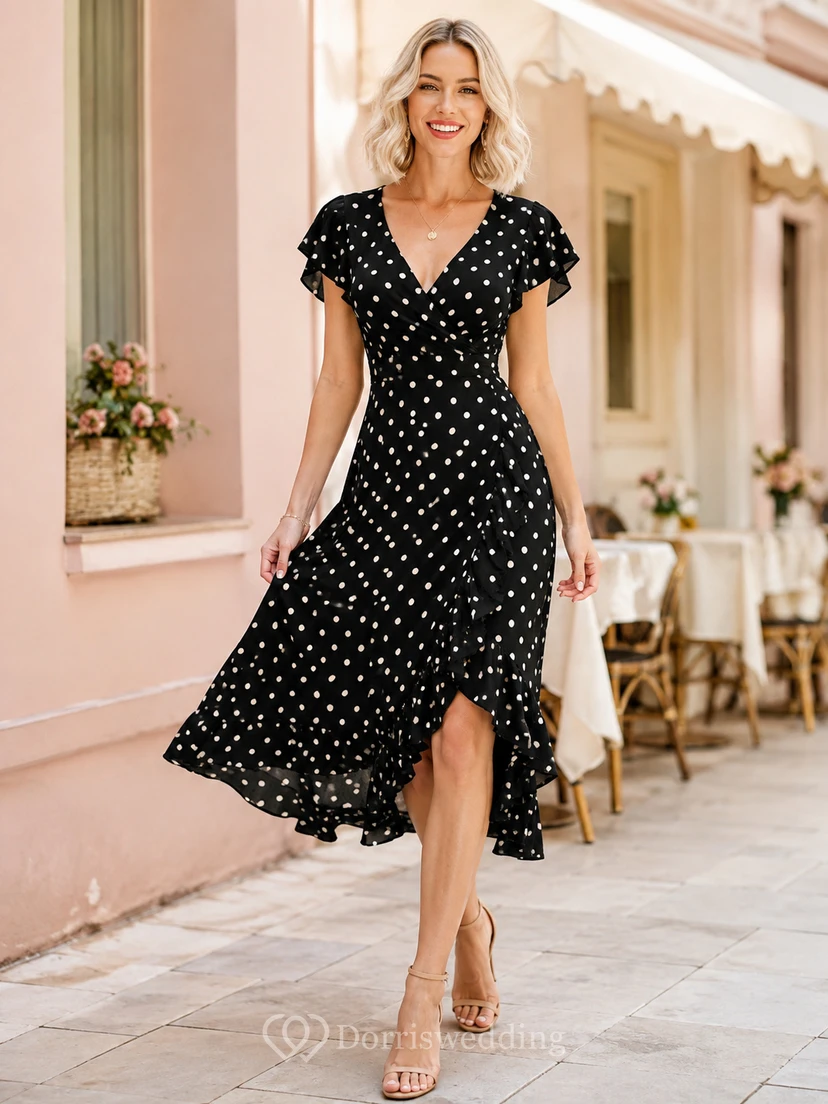 Schwarzes, gepunktetes Chiffonkleid mit V-Ausschnitt, flatternden Ärmeln und asymmetrischem Schnitt – perfekt für Teegäste