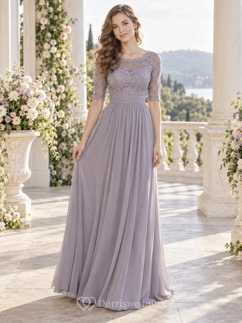 Vestido de dama de honor de gasa con encaje y escote barco, estilo vintage, color malva, modesto, de manga corta.