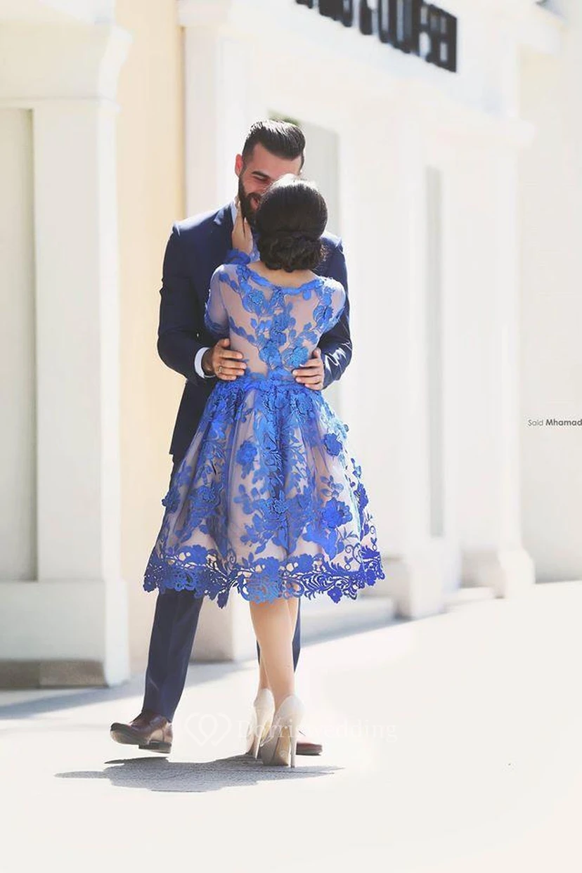 Zartes, ruyalblaues Applikations-Abendkleid mit langen Ärmeln view 3
