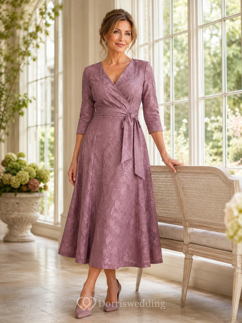 Vintage-Mutterkleid in Mauve, Midi-Länge, A-Linie, Dreiviertelärmel, Spitze
