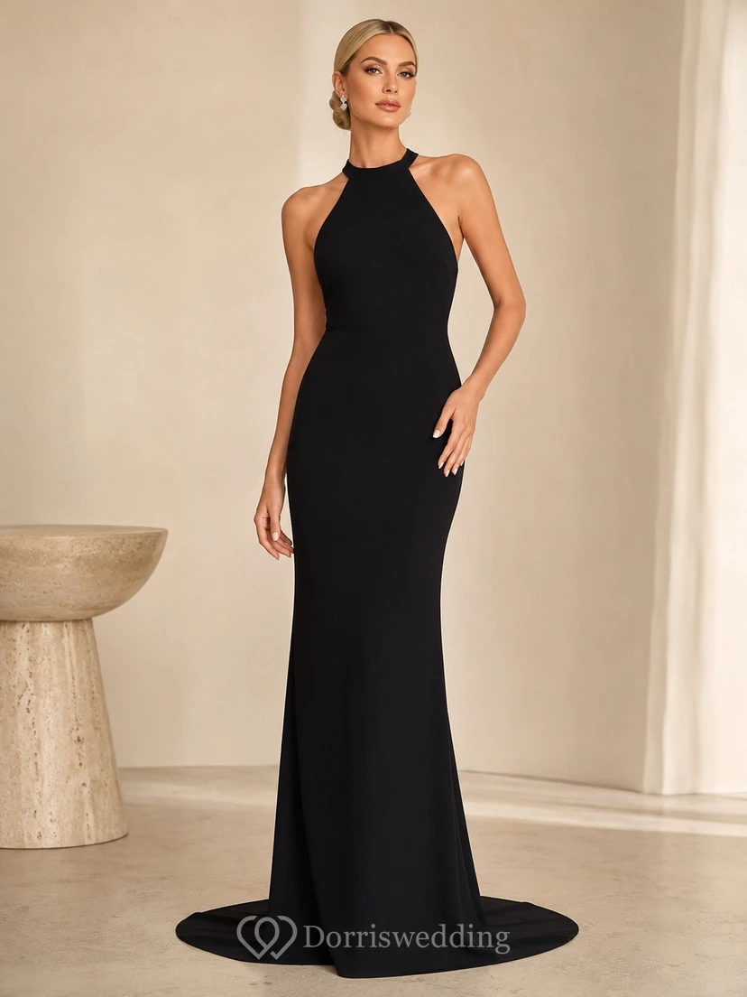 Black Halter Sleeveless Train Sheath Floor-length Satin Modern Elegant Gown