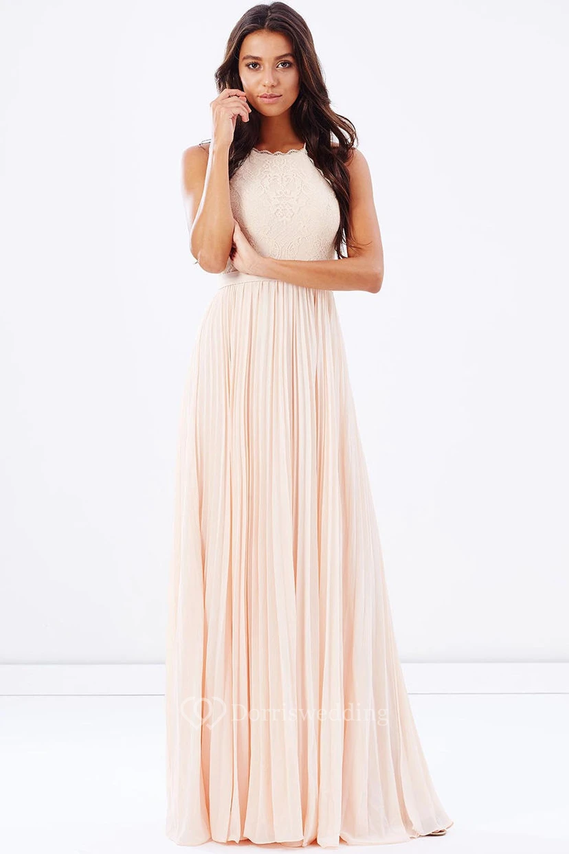 Ärmelloses, plissiertes Spaghetti-Chiffon-Brautjungfernkleid mit Spitze und Bändern view 5