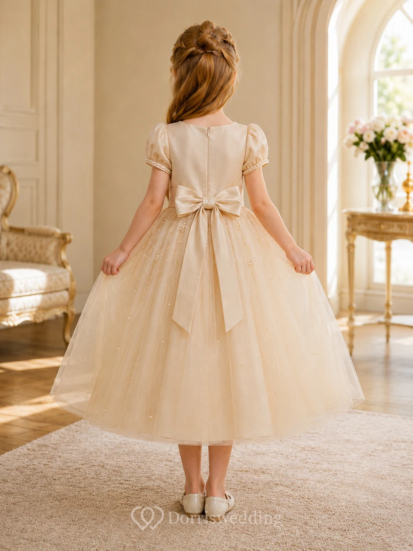 Klassisches A-Linien-Kleid aus Tüll für Blumenmädchen mit Rundhalsausschnitt, wadenlangem Rock und Schleifendetail view 2