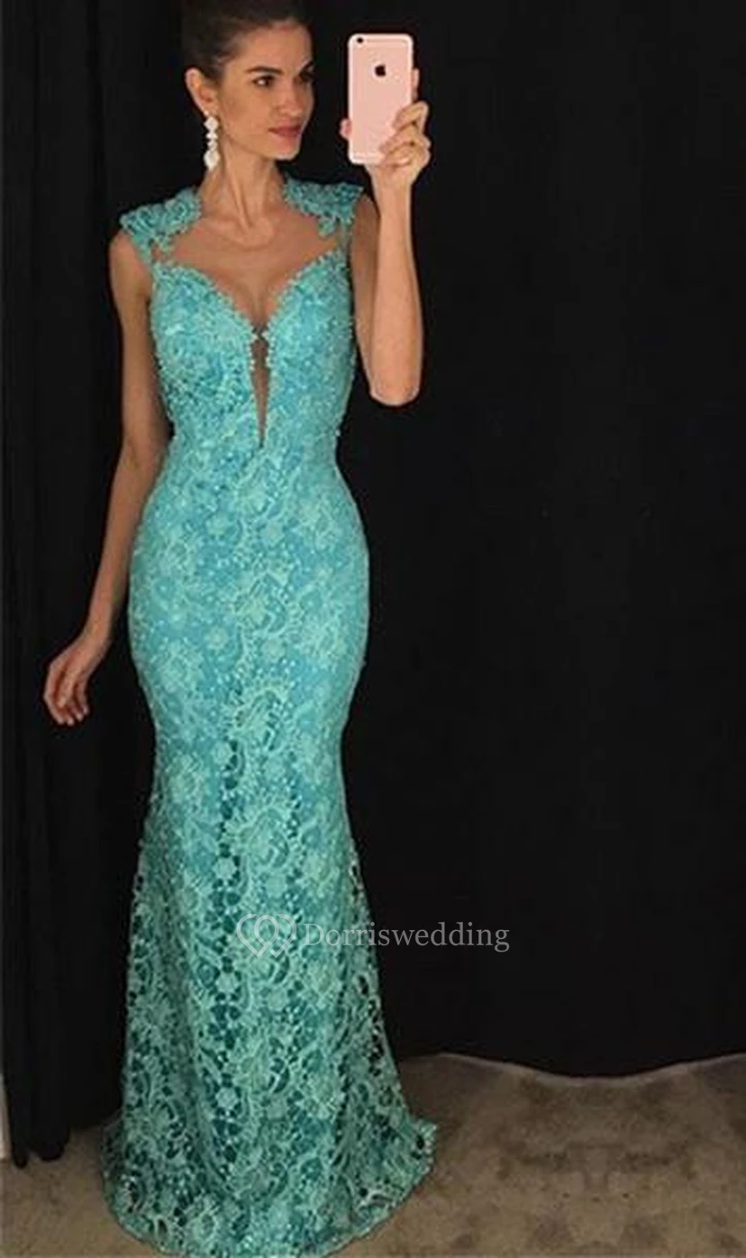 Delicate Lace Mermaid Prom Dress Sleeveless Sweep Train