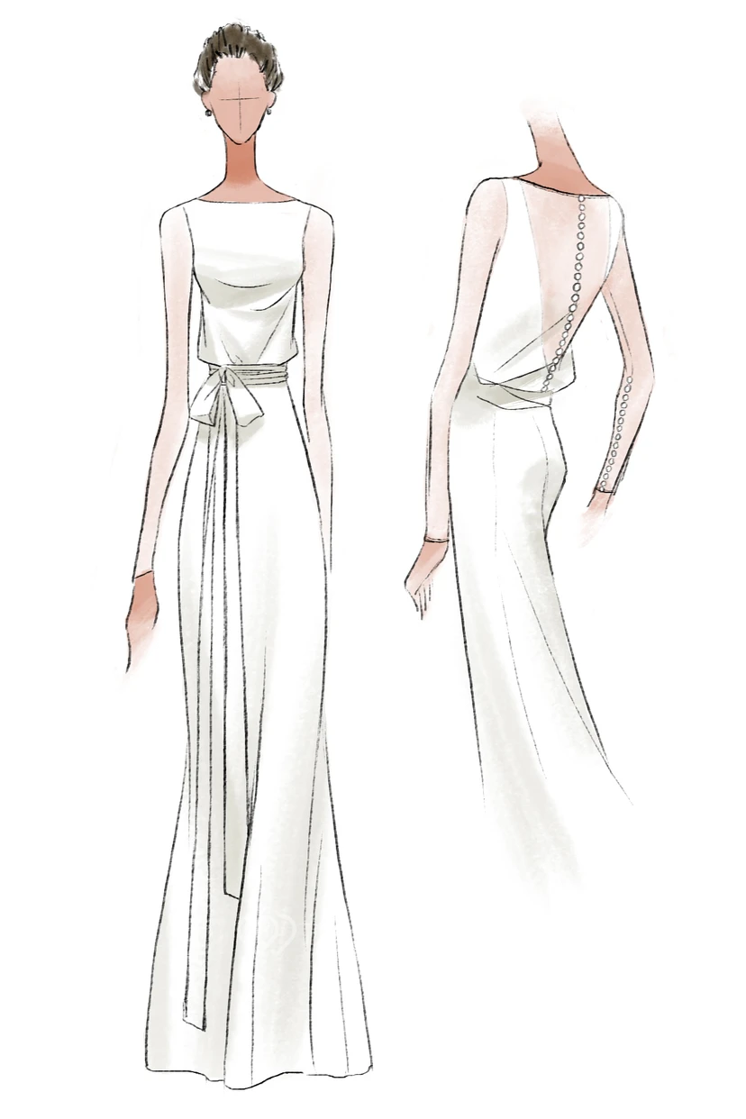 Fließendes, langärmeliges Kleid zur Erneuerung des Eheversprechens mit Schleife und Zierknöpfen view 4