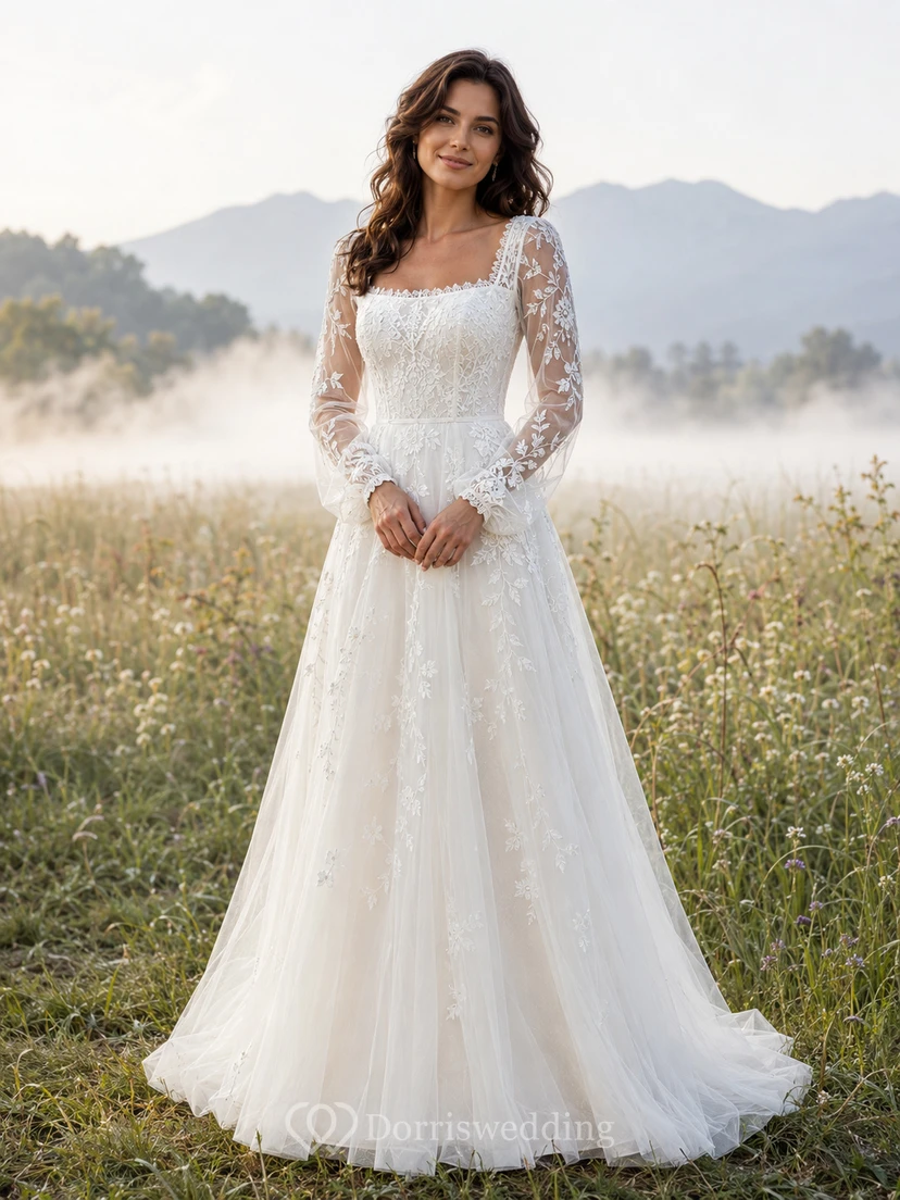 A-Linien-Hochzeitskleid mit quadratischem Ausschnitt, langen Ärmeln und Spitze im Meadow-Stil