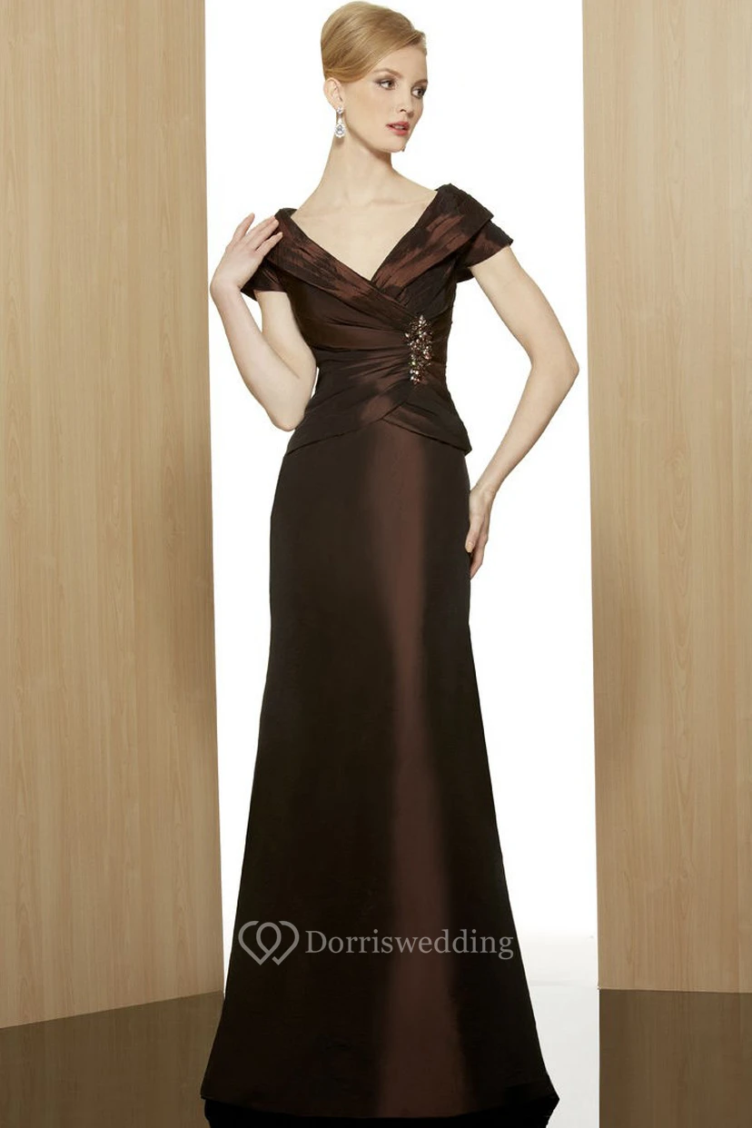 A-Line Broach Short-Sleeve V-Neck Floor-Length Satin Formal Dress With Zipper Back