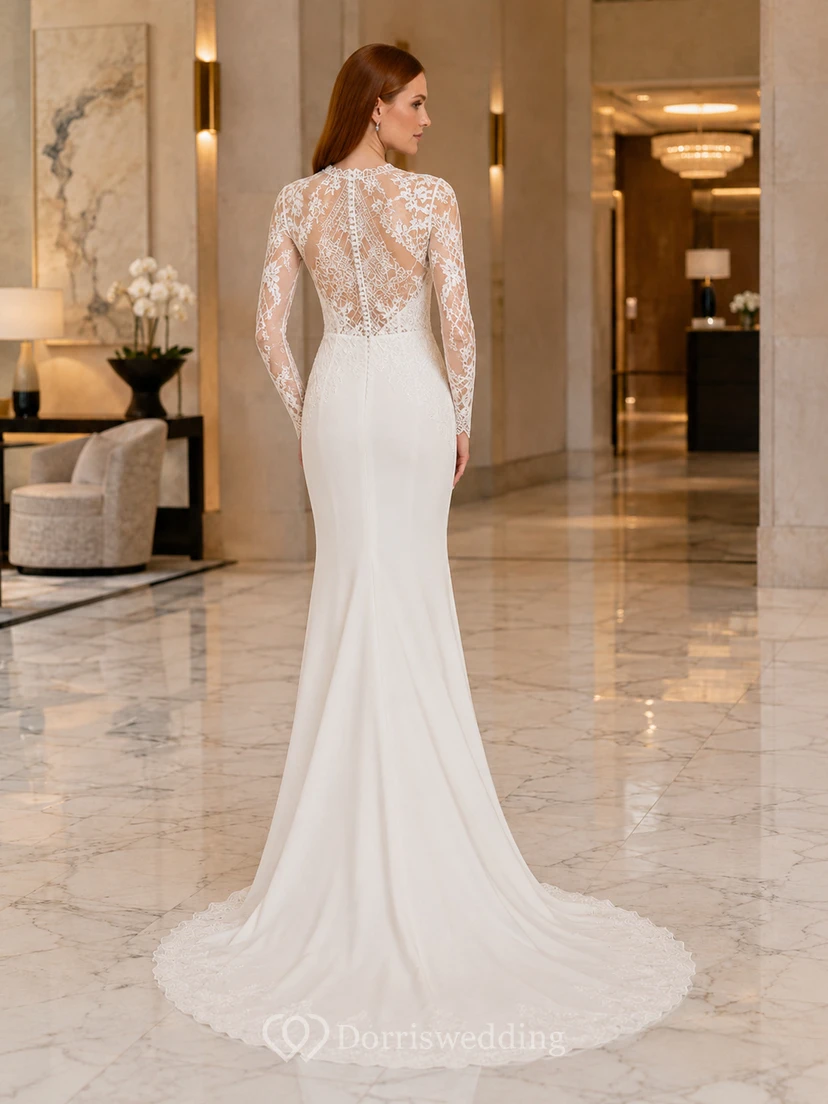 Modest Lace Tulle Wedding Dress Mermaid Jewel Neck Long Sleeve Court Train Bridal Gown view 2