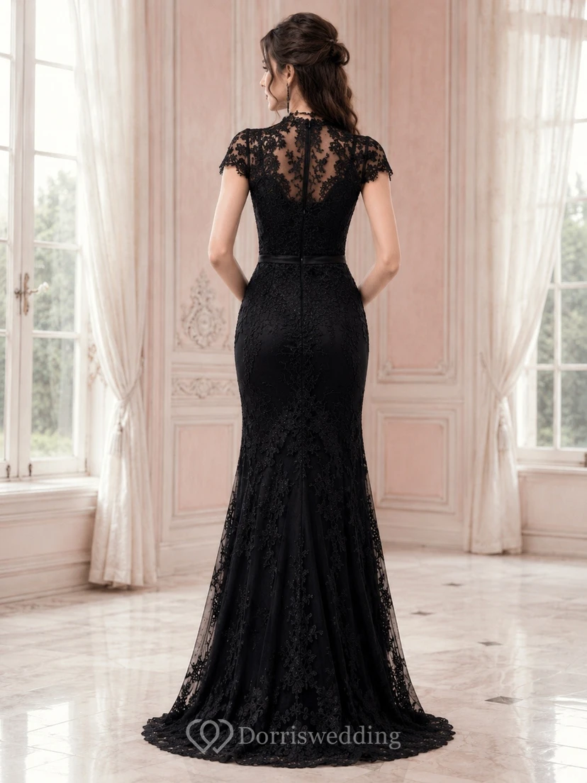 Gothic Black Lace Mermaid Sweep Train V-Neck Cap Sleeve Evening Dress view 2
