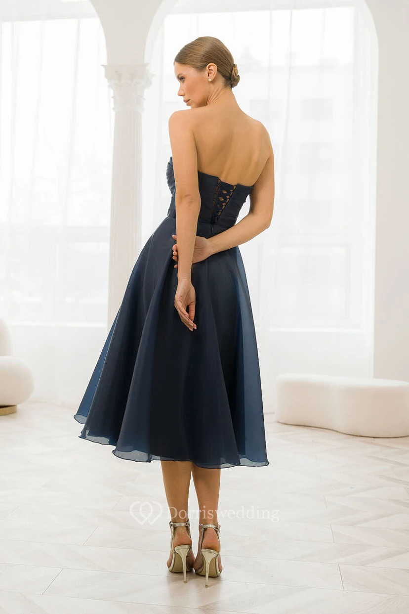 Strapless Chiffon Ruched Dark Navy Tea-length Dress view 2