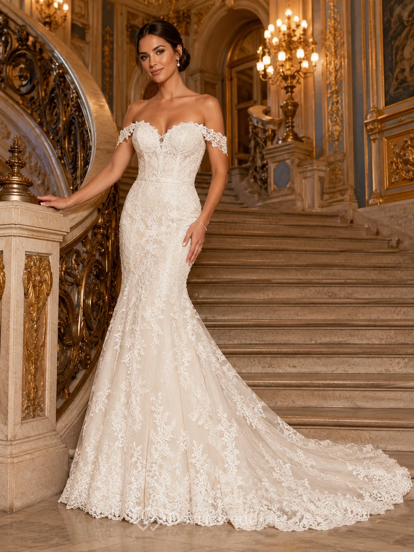 Off Shoulder Lace Ballroom Mermaid Train Bridal Gown