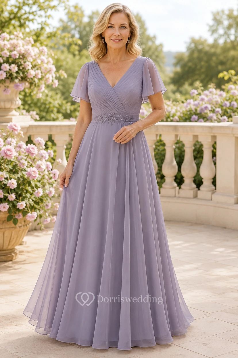 Lilac V-Neck Chiffon A-Line Mother Dress with Flutter Sleeves