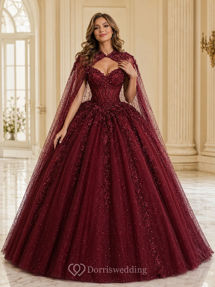 Burgundy Luxury Removable Crystal Cape High Neck Quinceanera Princess Ball Gown