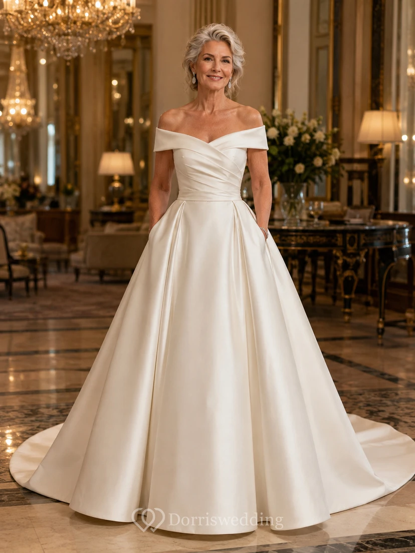 Schulterfreies Satin-Ballkleid mit Schleppe für ältere Bräute