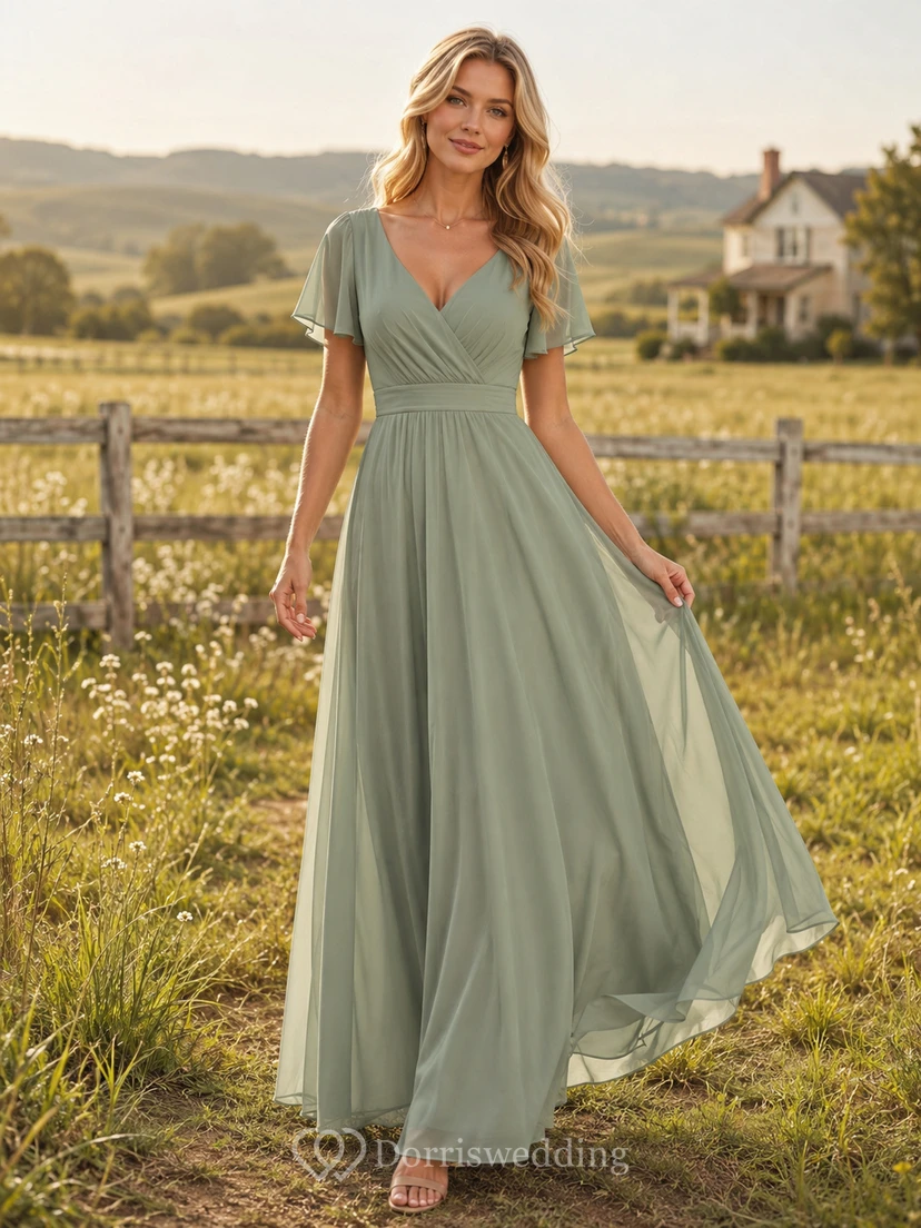 Sage Chiffon A-Line V-Neck Flutter Sleeve Pleated Low Back Floor-Length Bridesmaid Dress