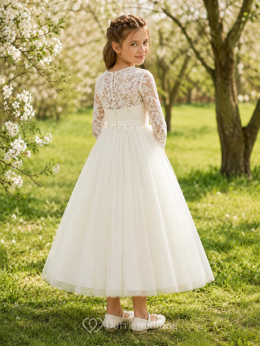 Langärmeliges Kleid aus Spitze und Tüll, ideal für Kommunion, Blumenmädchen und in Teelänge view 2