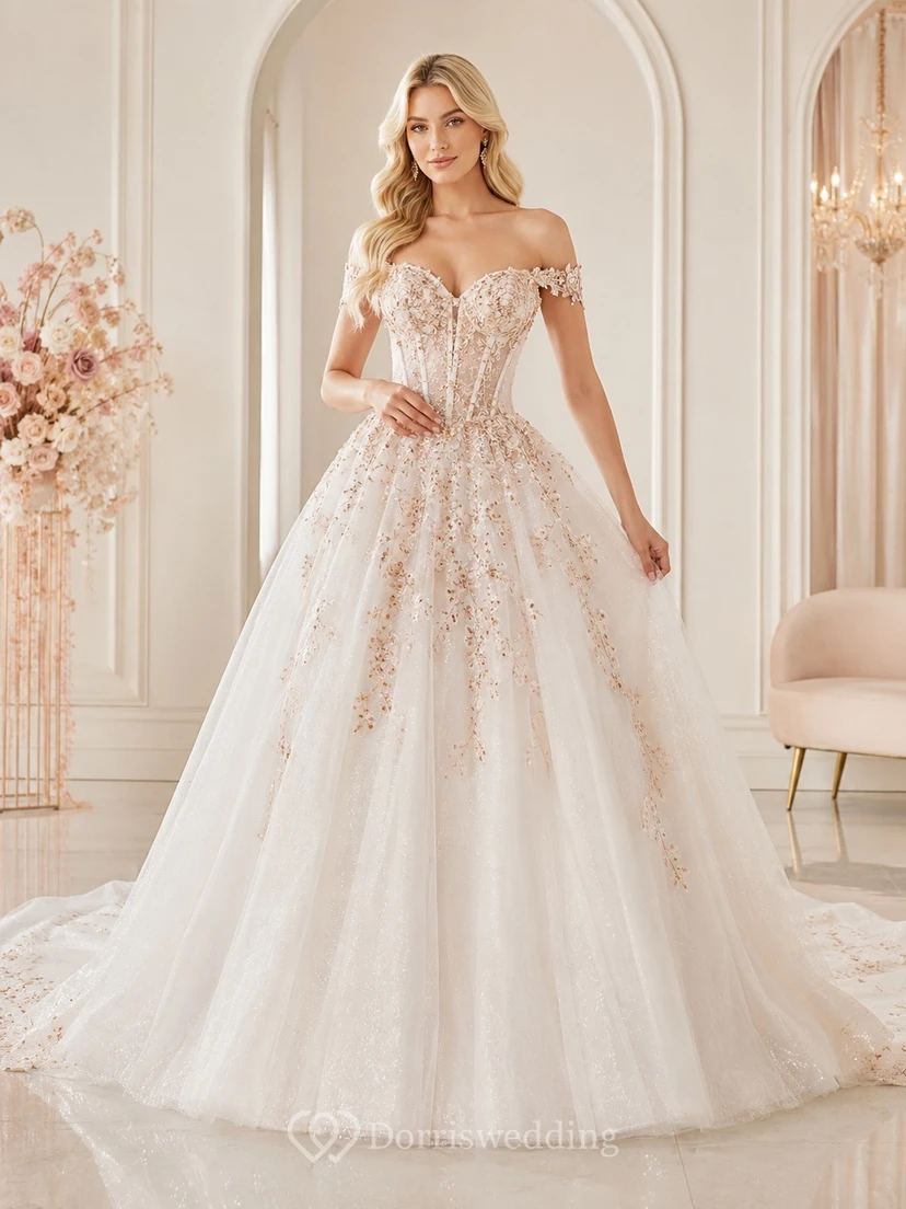 Romantisches Brautkleid in Roségold-Rosé, A-Linie, schulterfrei, kurze Ärmel, bodenlang, mit Schleppe