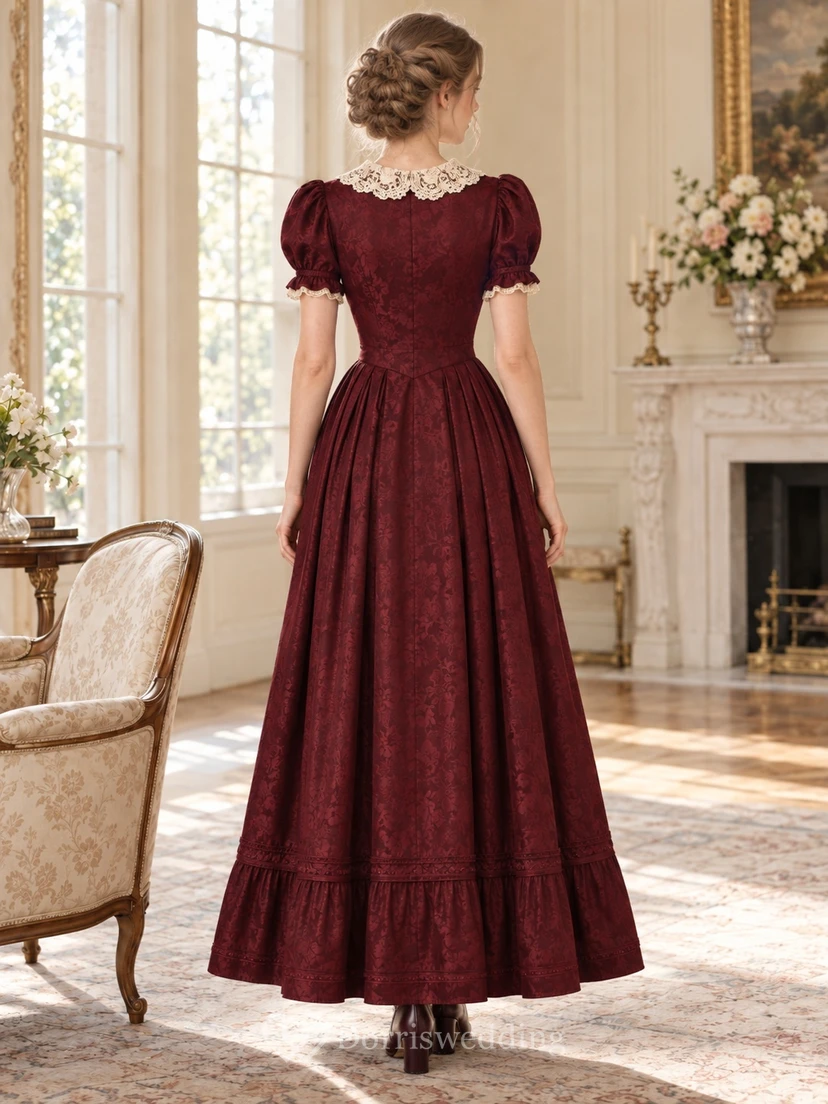Viktorianisches, schlichtes, burgunderrotes, langes Abendkleid mit Spitzenkragen und Puffärmeln view 2