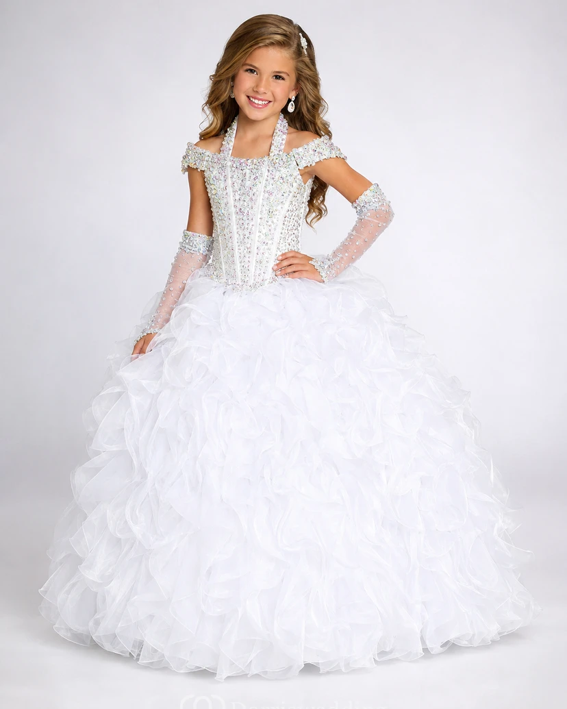 Ruffle Ball Gown Halter Corset Flower Girl Dress with Beading view 5
