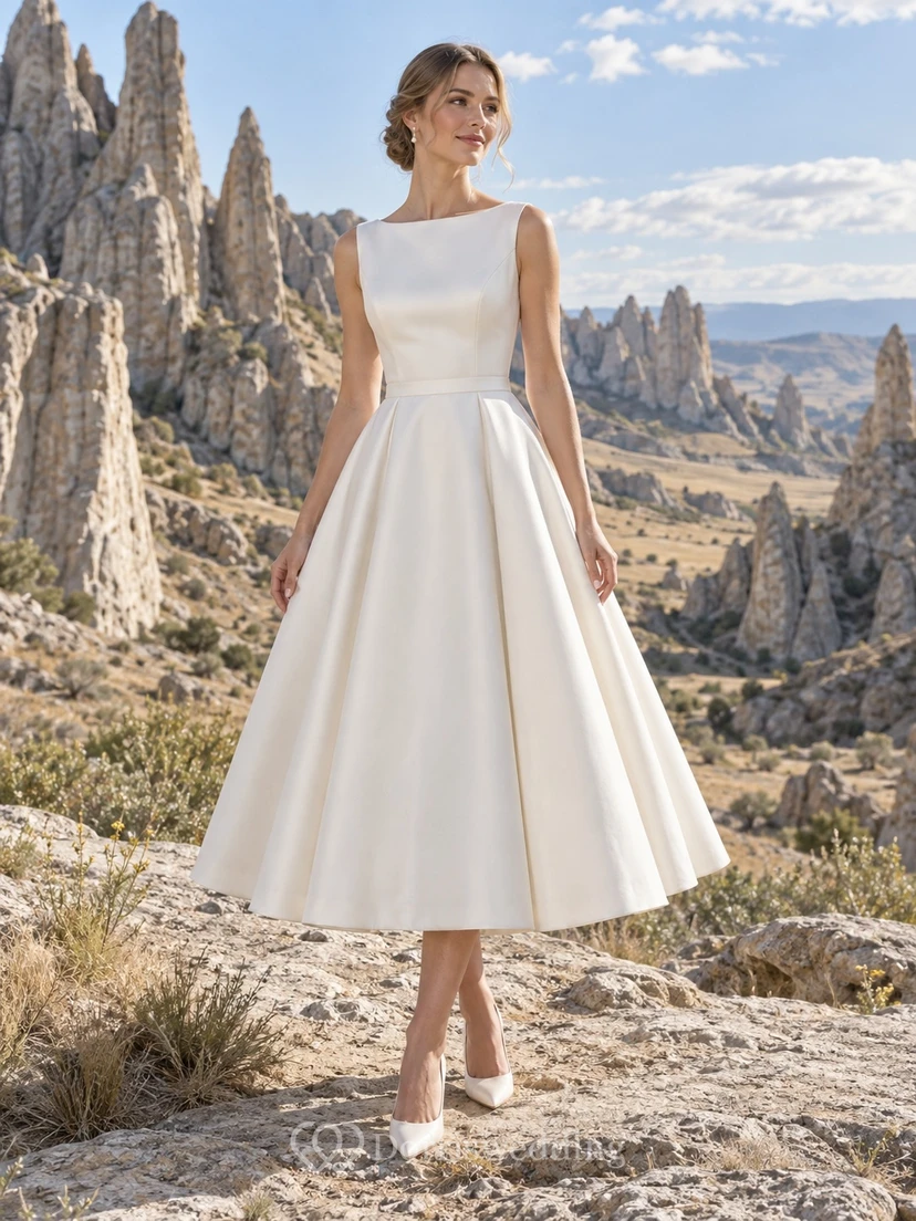 Sencillo vestido de novia de satén de corte A, largo hasta la rodilla, con escote barco y sin mangas, falda plisada.