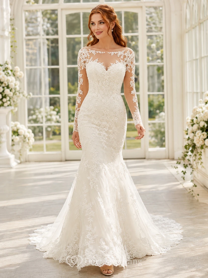 Elegant Lace Brautkleid Mermaid Bateau Sweetheart Illusion Long Sleeves Train