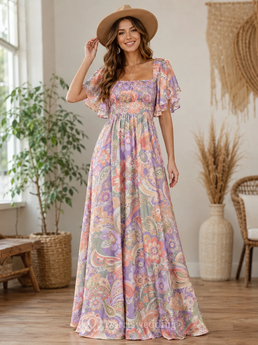 Vestido largo bohemio fluido de manga abullonada en tonos pastel psicodélicos para ocasiones especiales