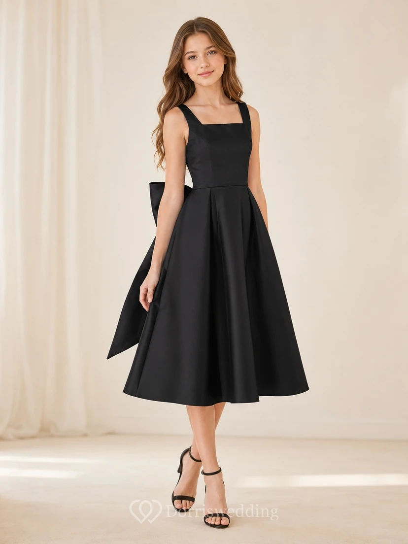 Schwarzes junges Brautjungfernkleid, A-Linie, ärmellos, wadenlang, Satin, Schleife, modern