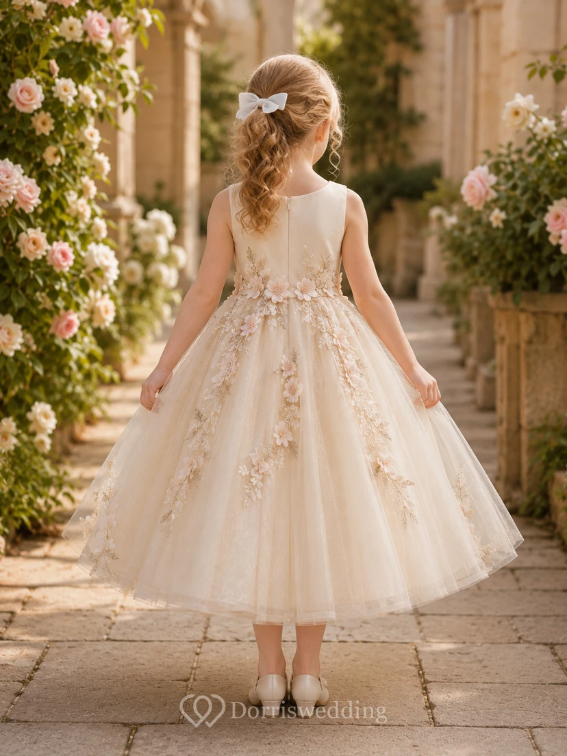 A-Line Couture Flower Girl Dress with Sleeveless Bodice, Radiating Hand Appliques, Full Tulle Skirt, Beaded Waist, Couture Style view 2