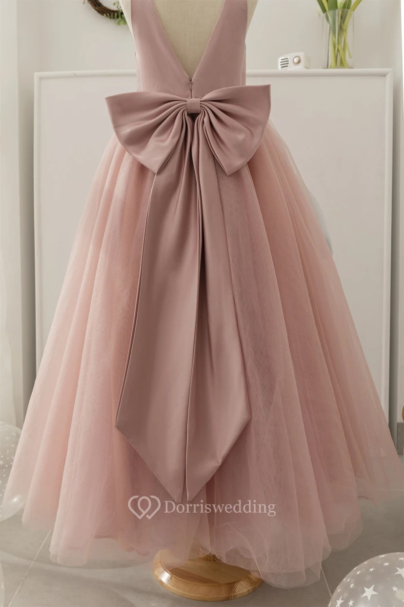Water Melon V-neck Sleeveless A-line Tulle Pleated Flowergirl Dress view 15