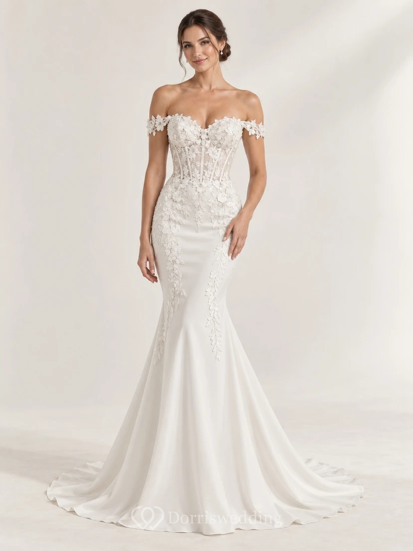 Plain Smooth Skirt Off Shoulder Sweetheart Mermaid Short Sleeve Applique Lace Floor Length Wedding Dress