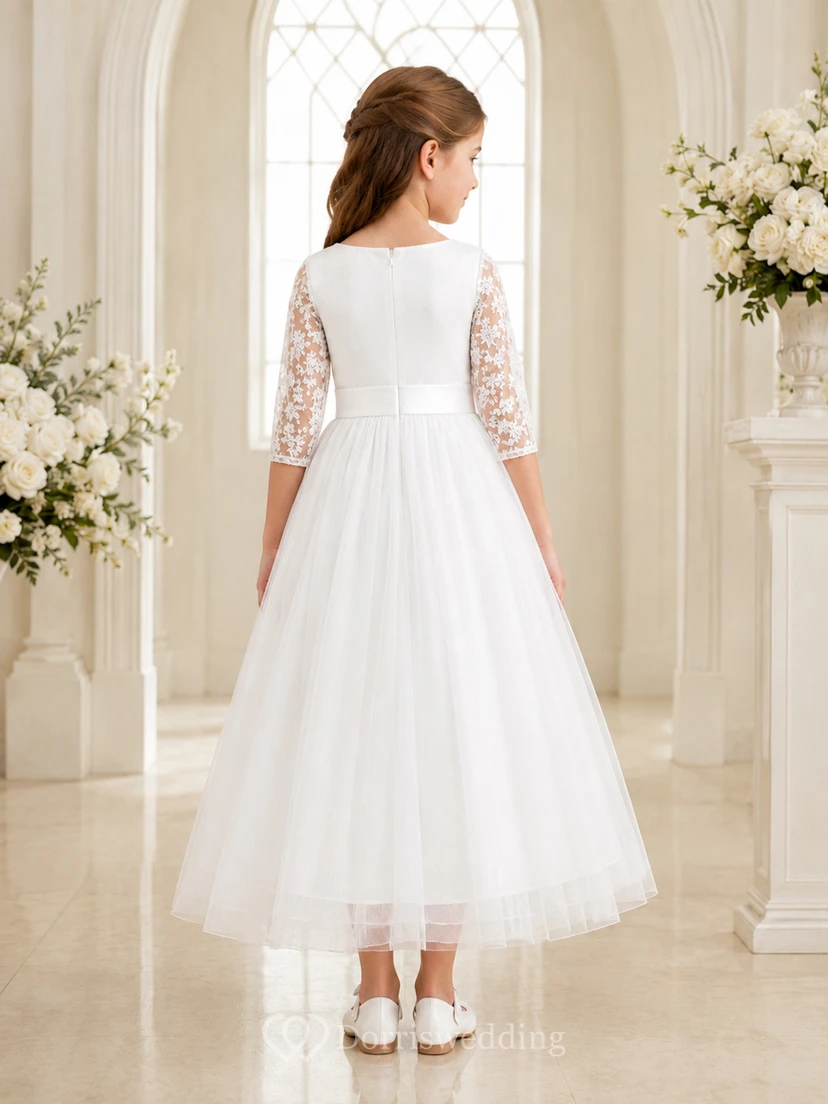 Vestido de té de tul para niña de las flores con mangas tres cuartos de encaje para comunión view 2