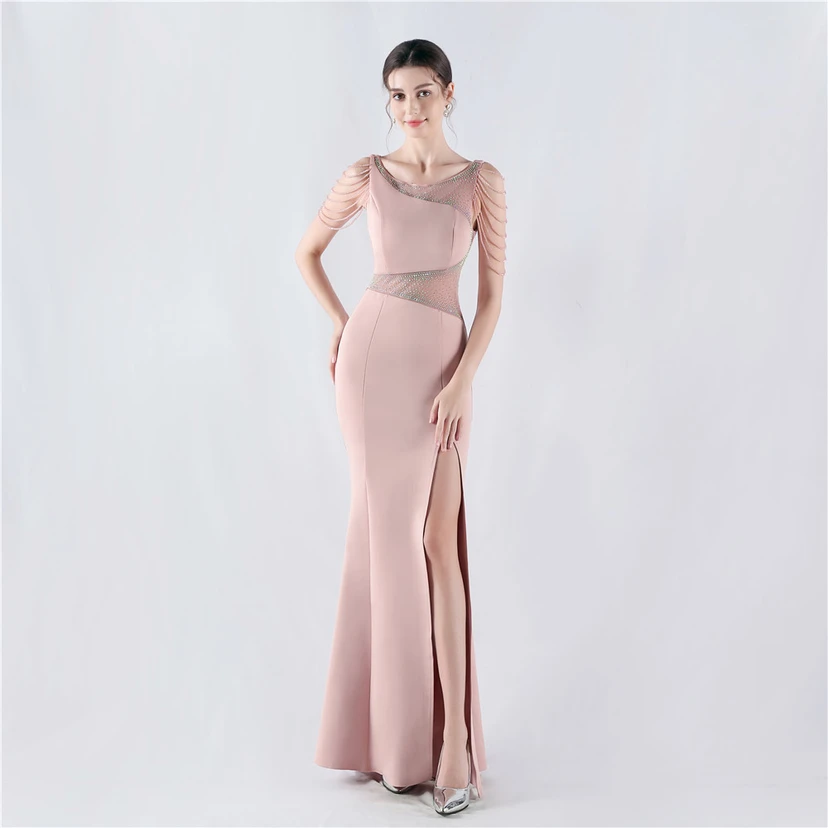 Heavy Hot Diamonds For Transparent Mesh High-Slit Satin Evening Dress Annual Meeting Wedding view 52