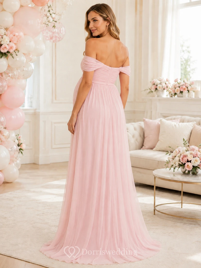 Babyparty-Umstandskleid in Blush, Empire-Stil, bodenlang, schulterfrei, kurze Ärmel, Chiffon, romantisch, elegant, Brautjungfernkleid, Gästekleid view 2