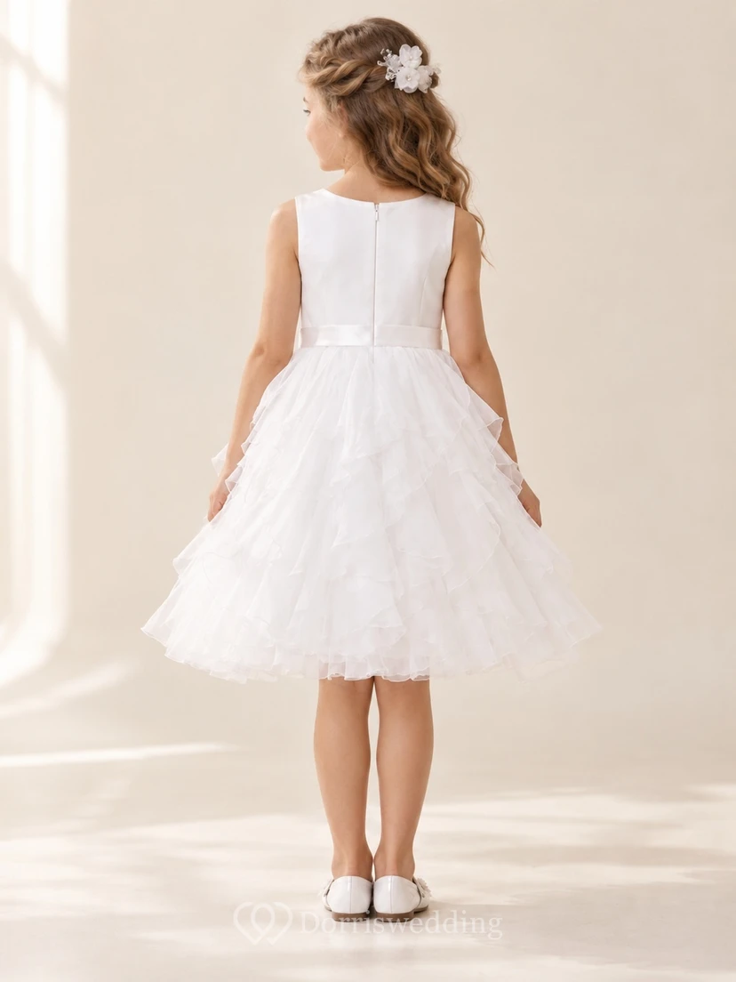 Short White Sleeveless Scoop Satin Waistband Cascading Ruffle Tulle A-Line Flowergirl Dress view 2