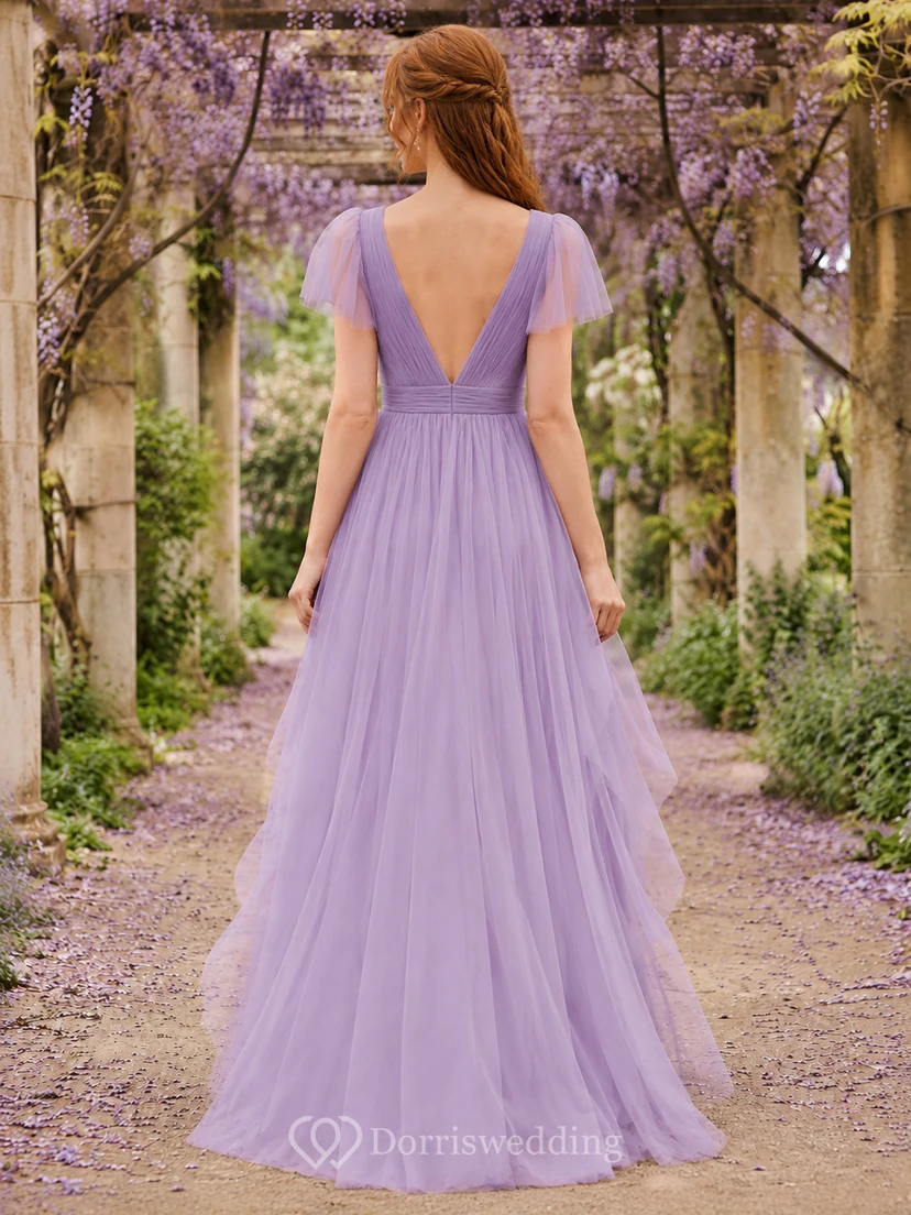 Lavender Spring Garden A-Line Tulle Chiffon Bridesmaid Dress with V-Neck Flutter Sleeve Bodice, Pleated Floor-Length Skirt and Low V Back view 2