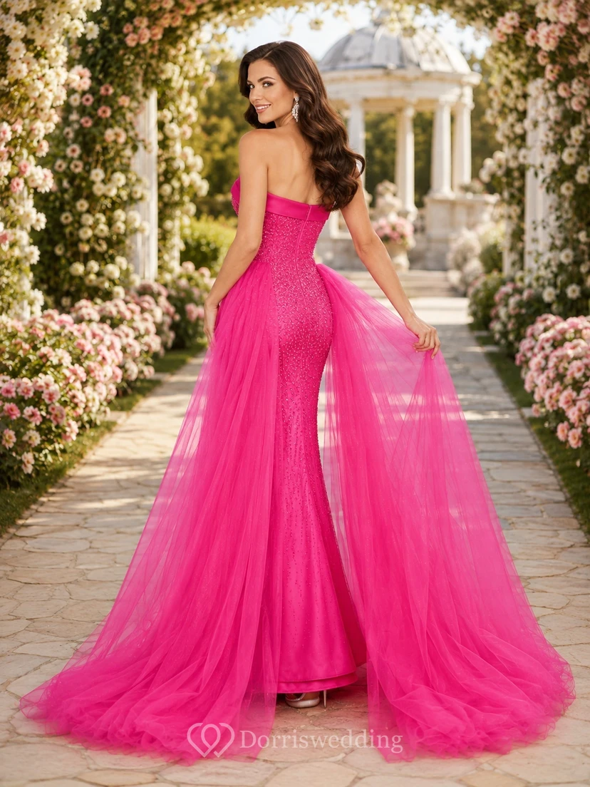 Hot Pink Strapless Beaded Tulle Mermaid Sweep Train Luxury Pageant Dress view 2