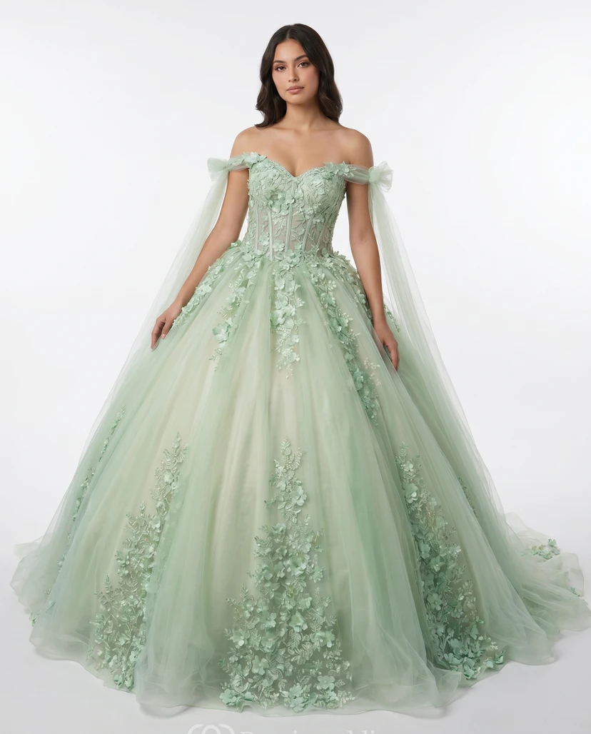 Salbeigrünes Quinceañera-Ballkleid, schulterfrei, mit 3D-Blumenapplikationen aus Tüll